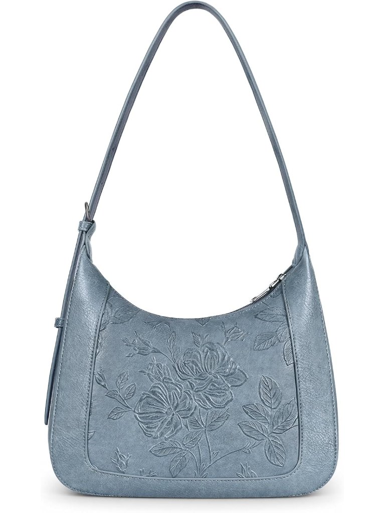 Small Crescent Shoulder Bag For Women, Vegan Leather Purse With Embossed Design